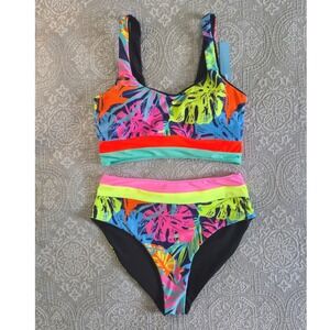 Popvil Neon Tropical Palm Leaf High Waisted Bikini Set Multi Color New